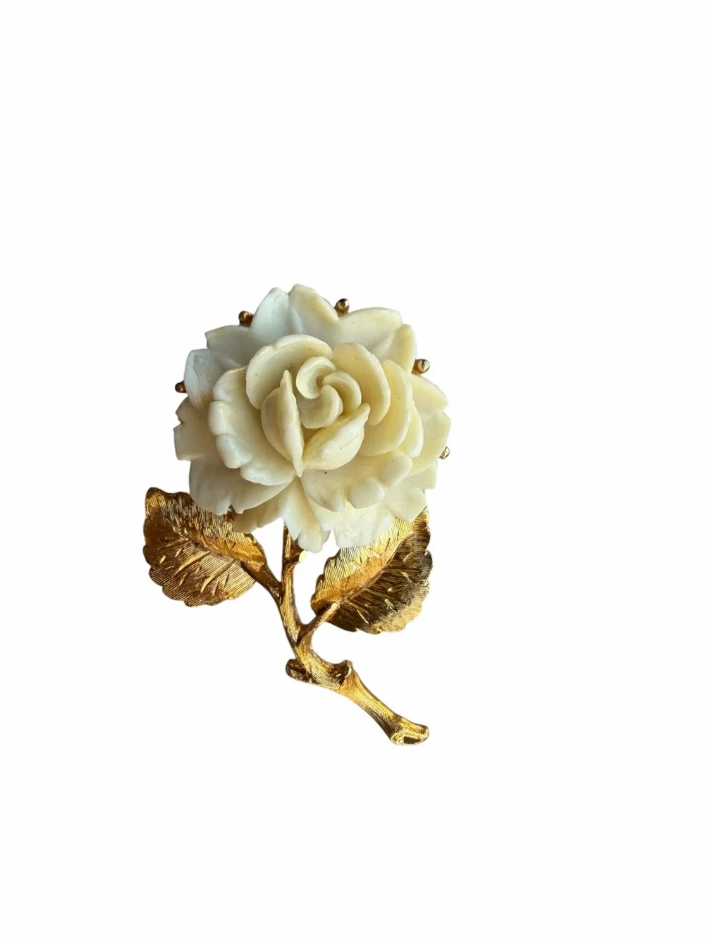 Vintage Carved Ivory Rose Brooch Textured Gold Stem Pin